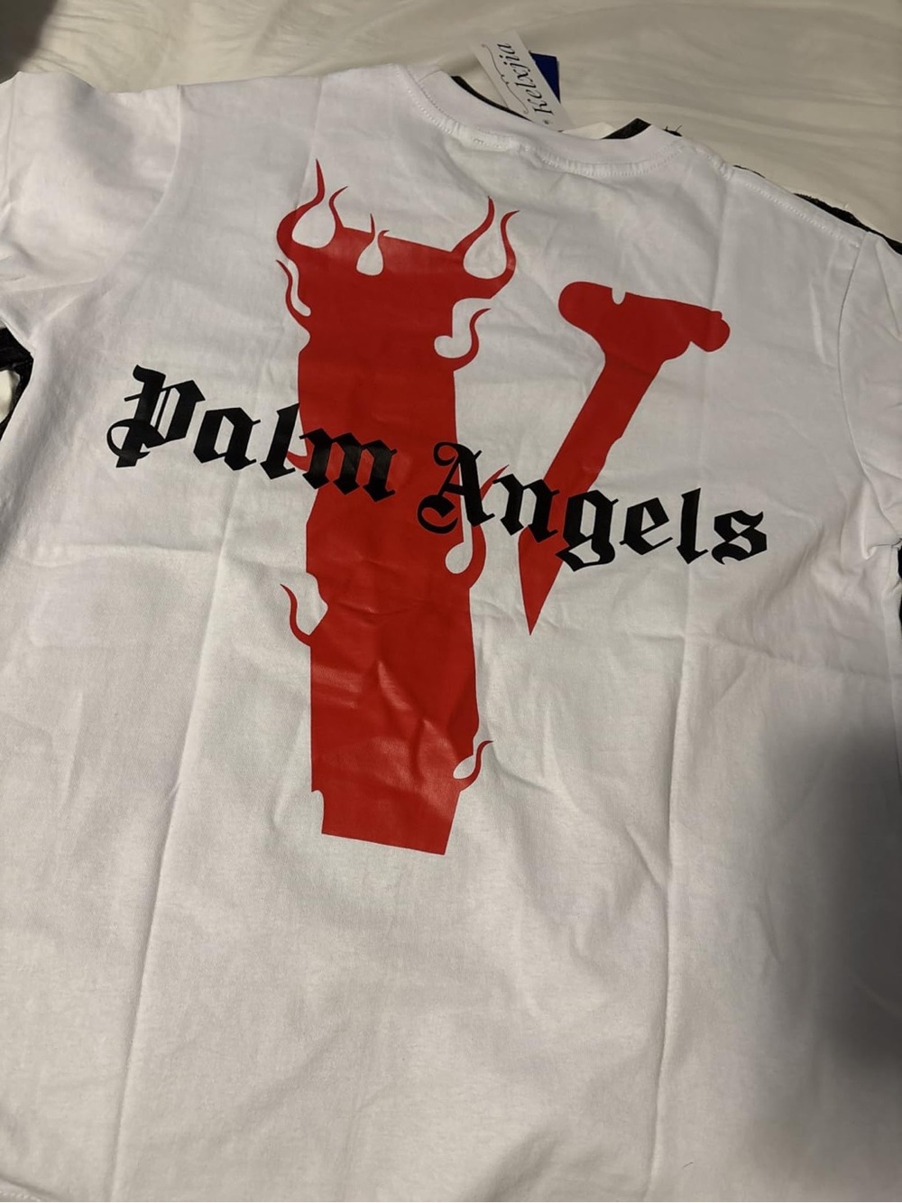 Palm Angels White Tee with Red Flame V and Black Gothic Logo